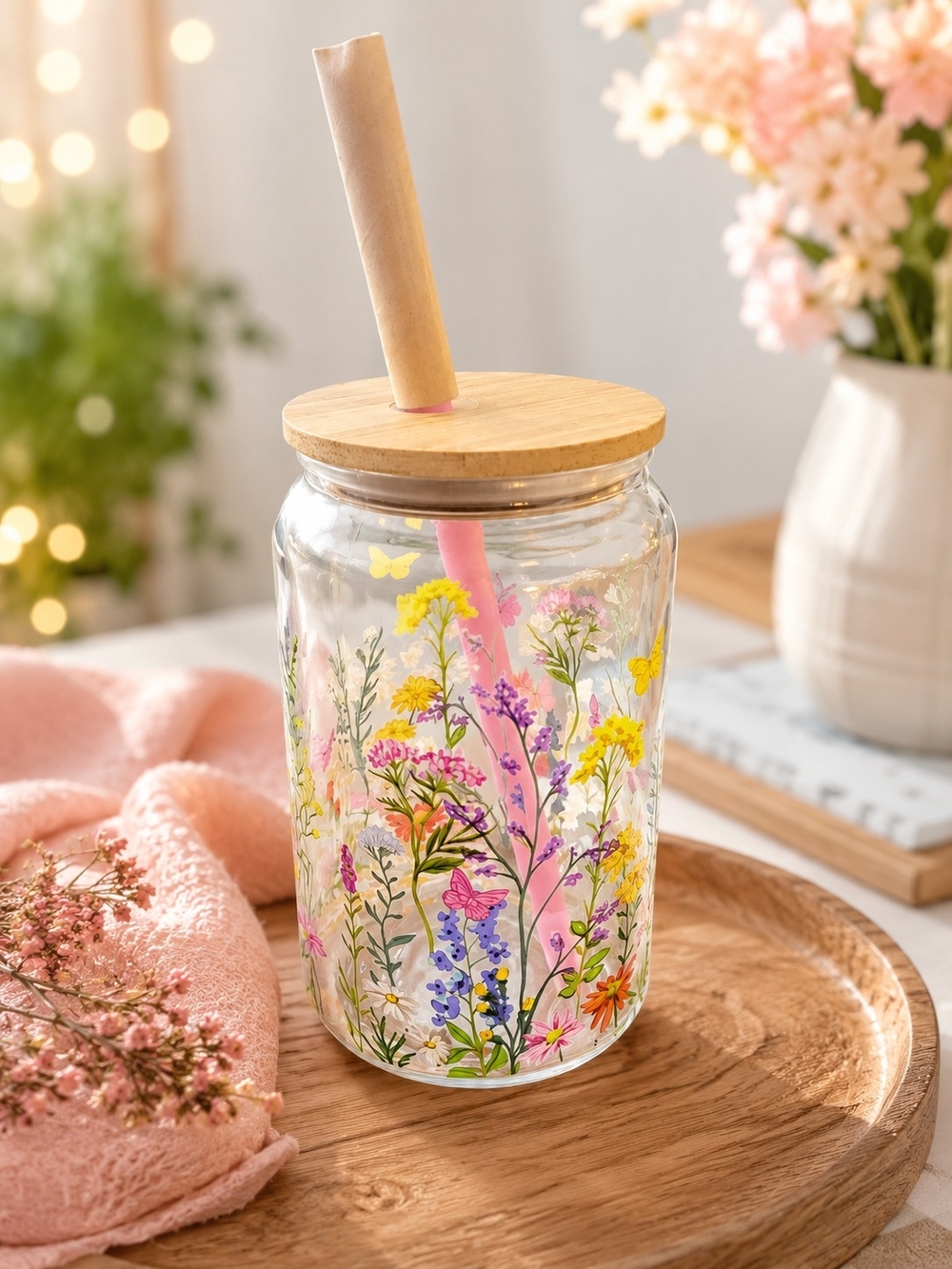 Dolly Parton Wildflowers Glass Jar Tumbler with Lid And Straw